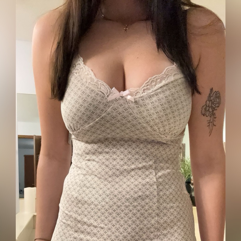 Pink and white stretchy tight dress with lace and bow details